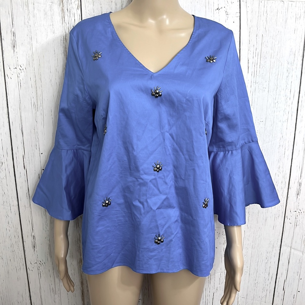 Anthropologie Jane And Delancey Blue 3/4 Ruffle Bell Sleeves Beaded Top Size Med